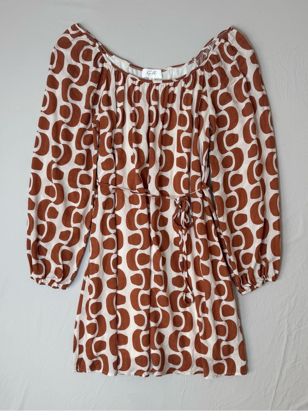 Gilli Brown Geo-Print Peasant Dress Tie Belt Size Medium Lined New Without Tags
